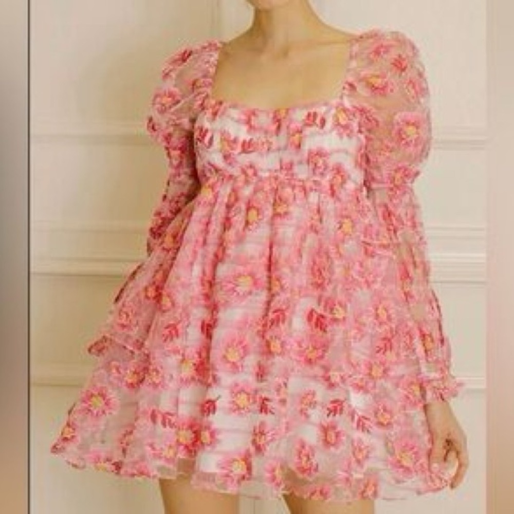 Storia Pink Floral Striped Tiered Mini Dress Sz M NWT
